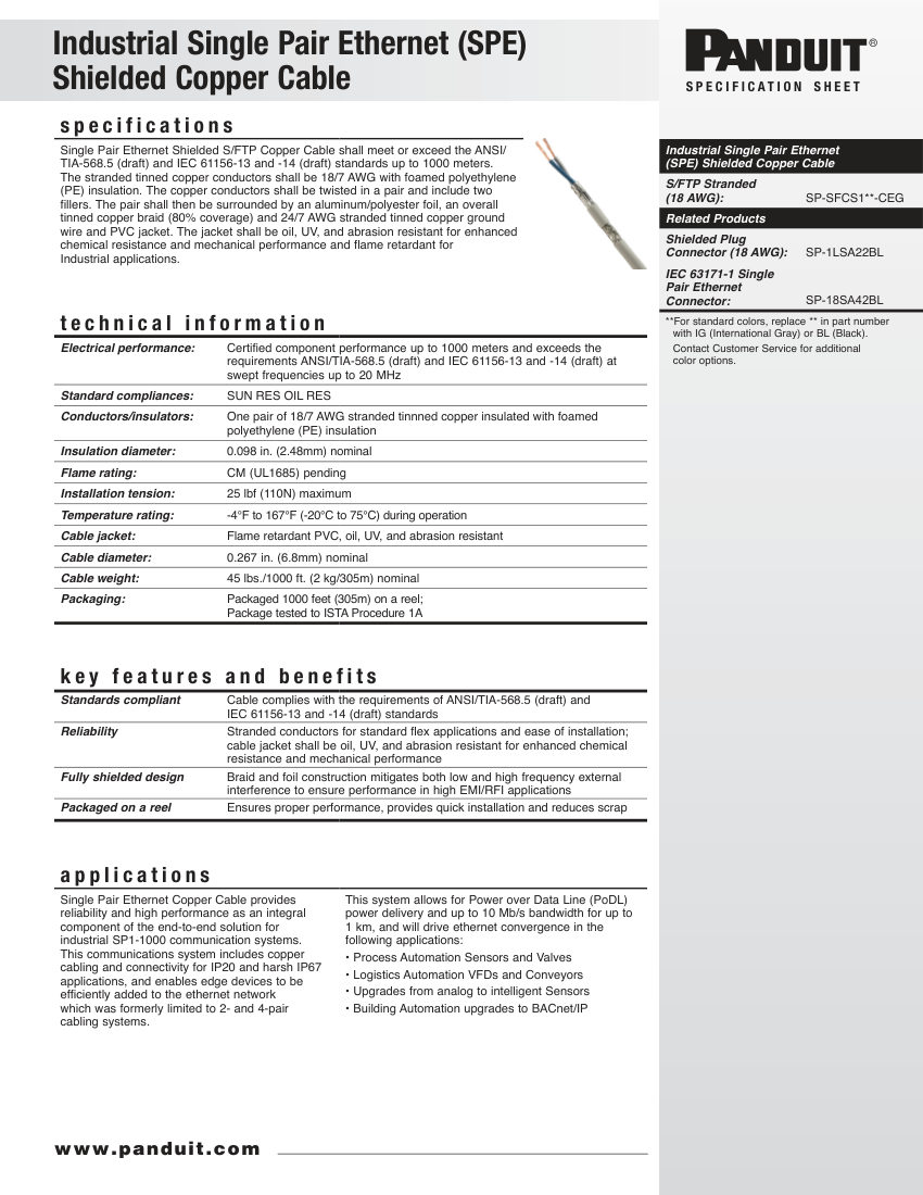 Panduit COSP501--WW-ENG cut sheet — first page