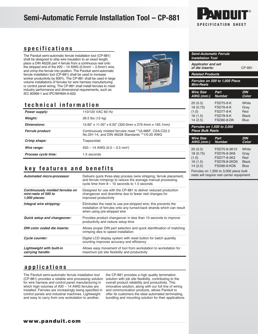 Panduit CP-881 cut sheet — first page