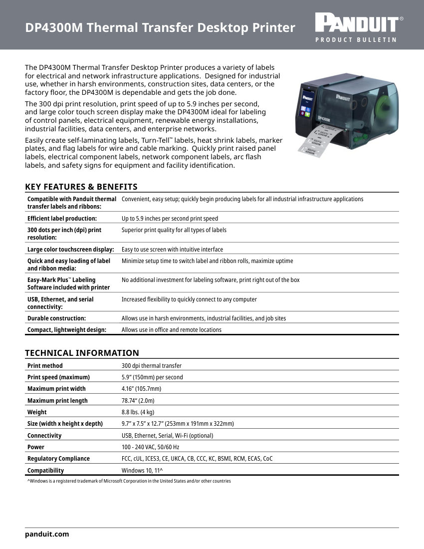 Panduit dp4300m-desktop-printer-web-idcb100-sa-eng cut sheet — first page