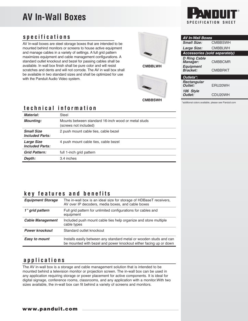 Panduit ERU20WH cut sheet — first page