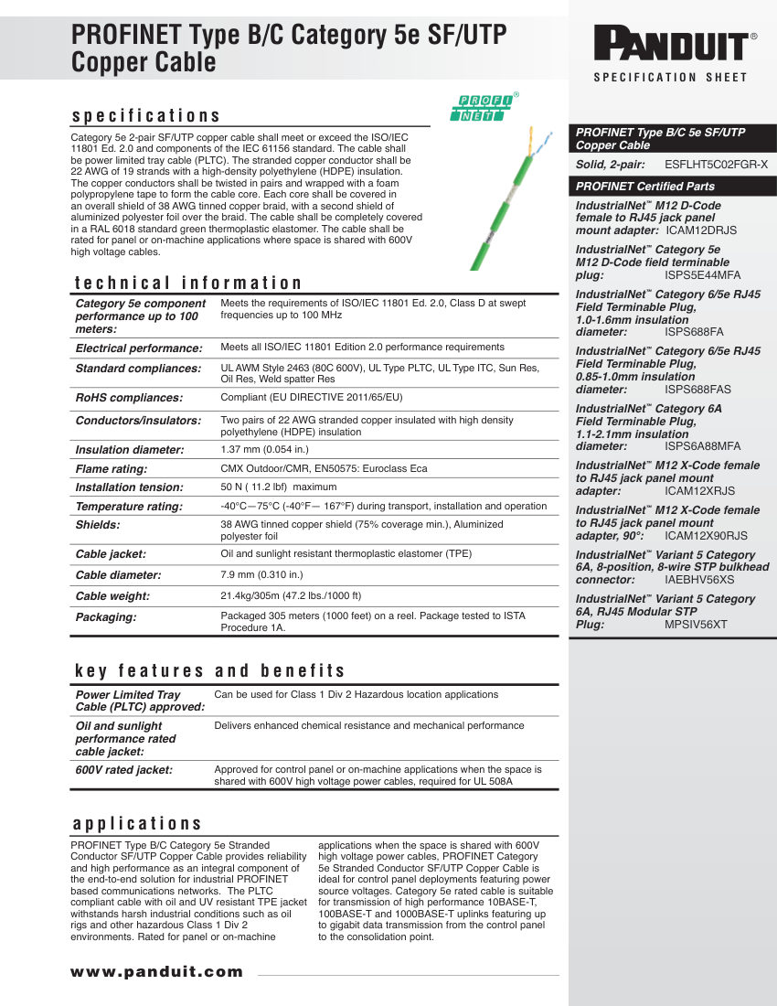 Panduit ESFLHT5C02FGR-X cut sheet — first page
