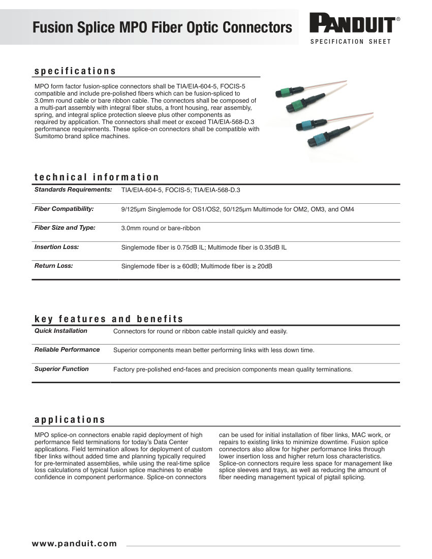 Panduit FMPOF3SXMAQ cut sheet — first page