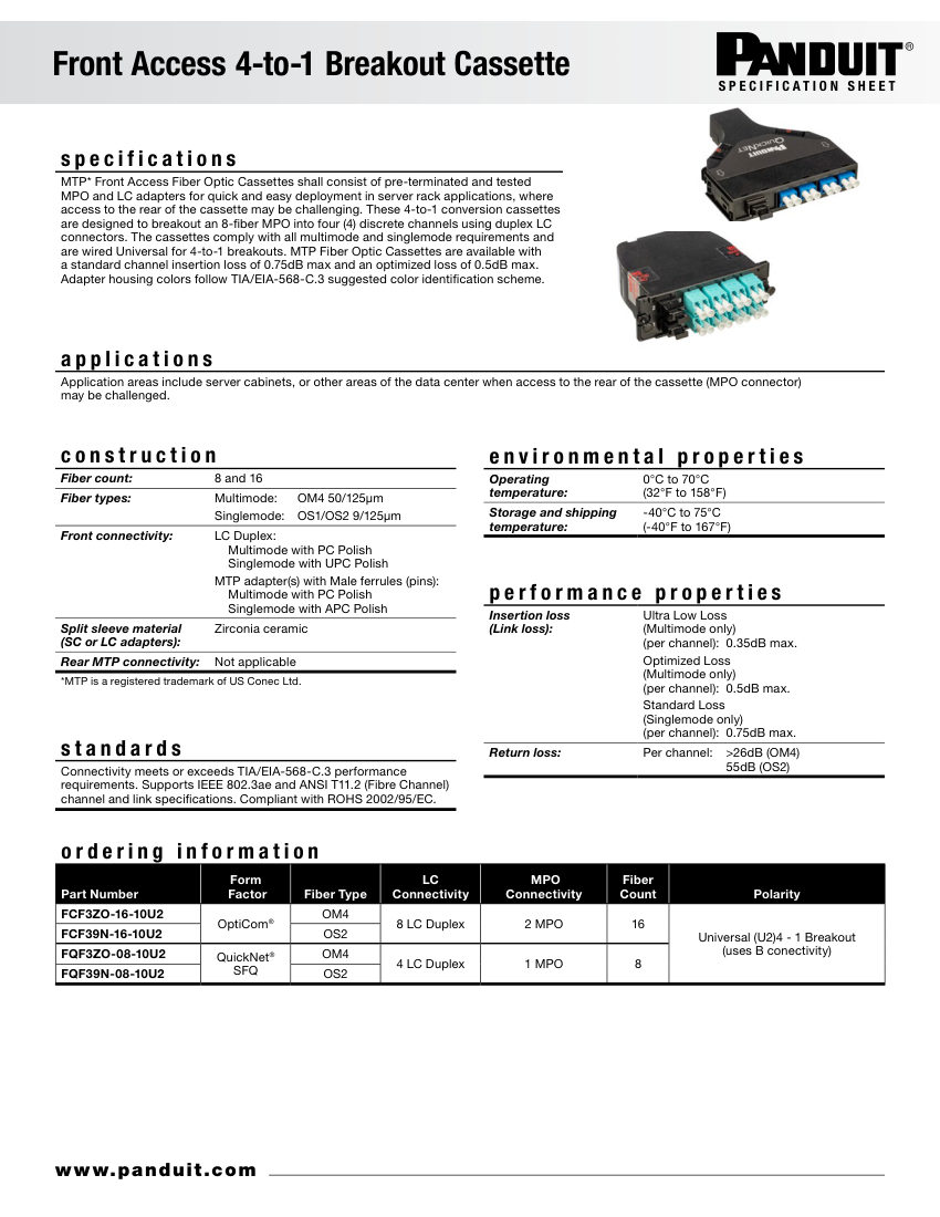 Panduit front-access-4-to-1-breakout-cassette-fbsp229-ww-eng cut sheet — first page