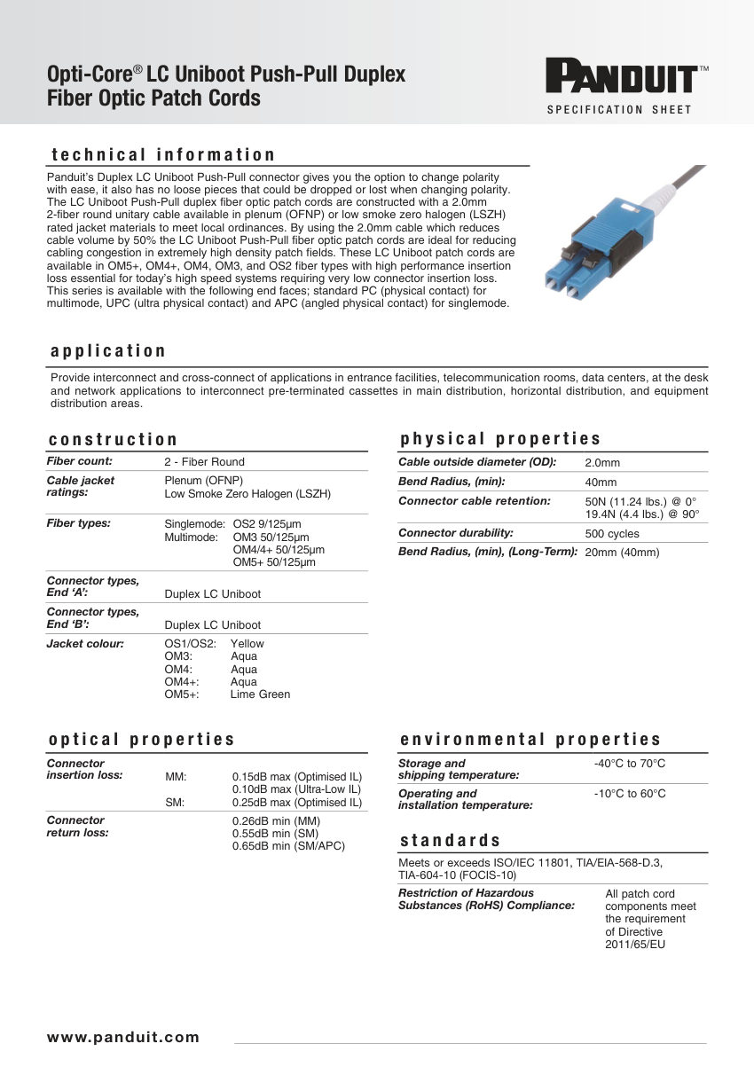 Panduit FX2RLUNUNONM005 cut sheet — first page