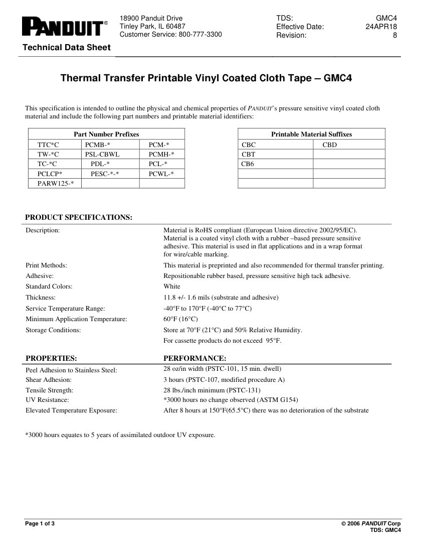 Panduit GMC4 cut sheet — first page