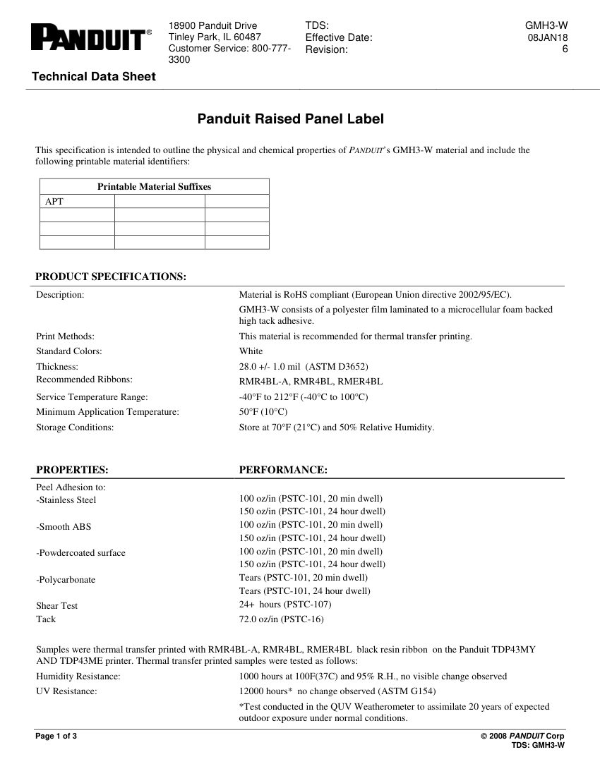 Panduit GMH3-W cut sheet — first page