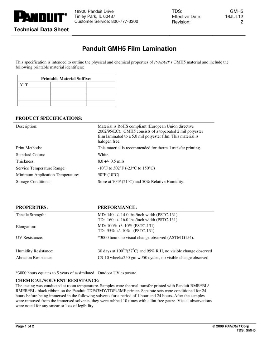 Panduit GMH5 cut sheet — first page