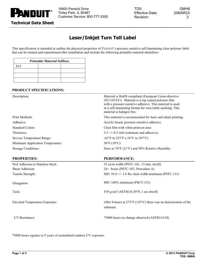 Panduit GMH8 cut sheet — first page