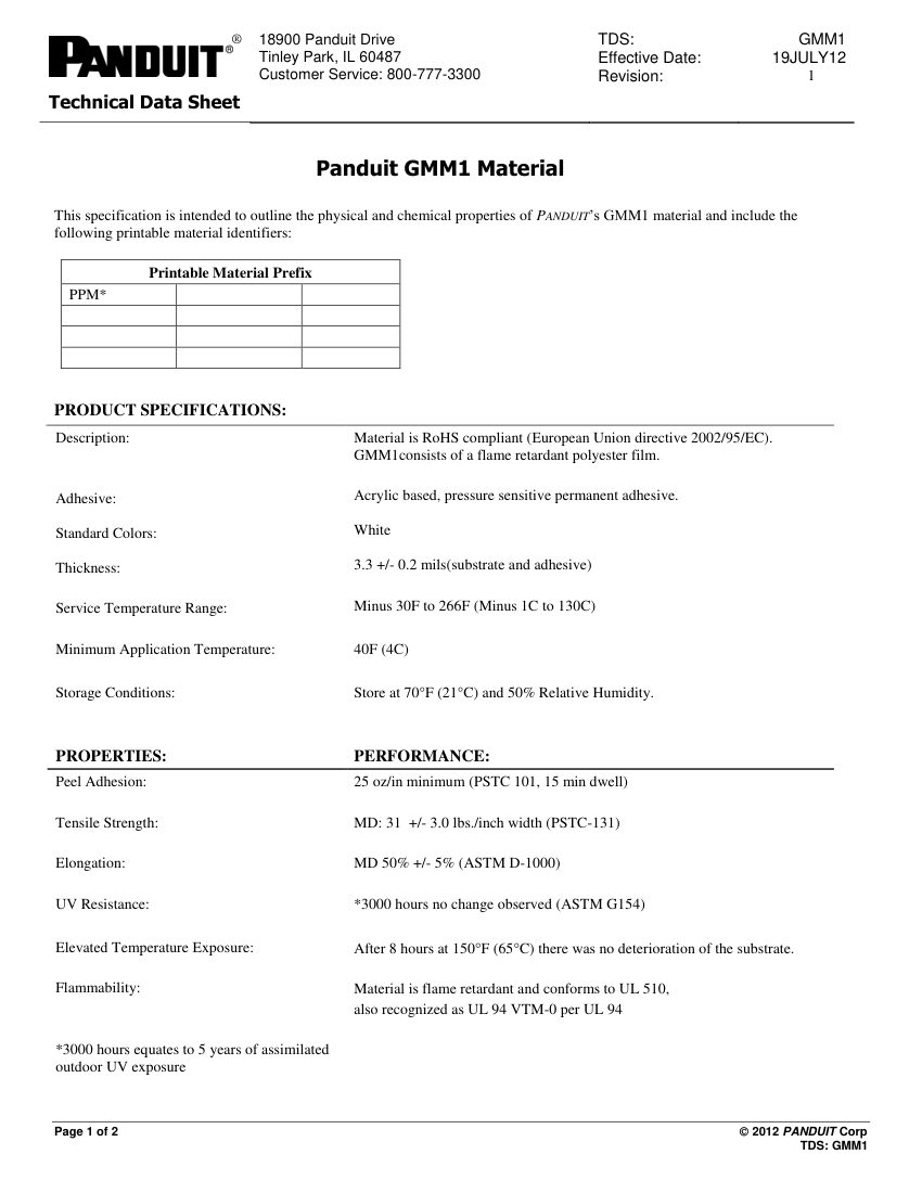 Panduit GMM1 cut sheet — first page