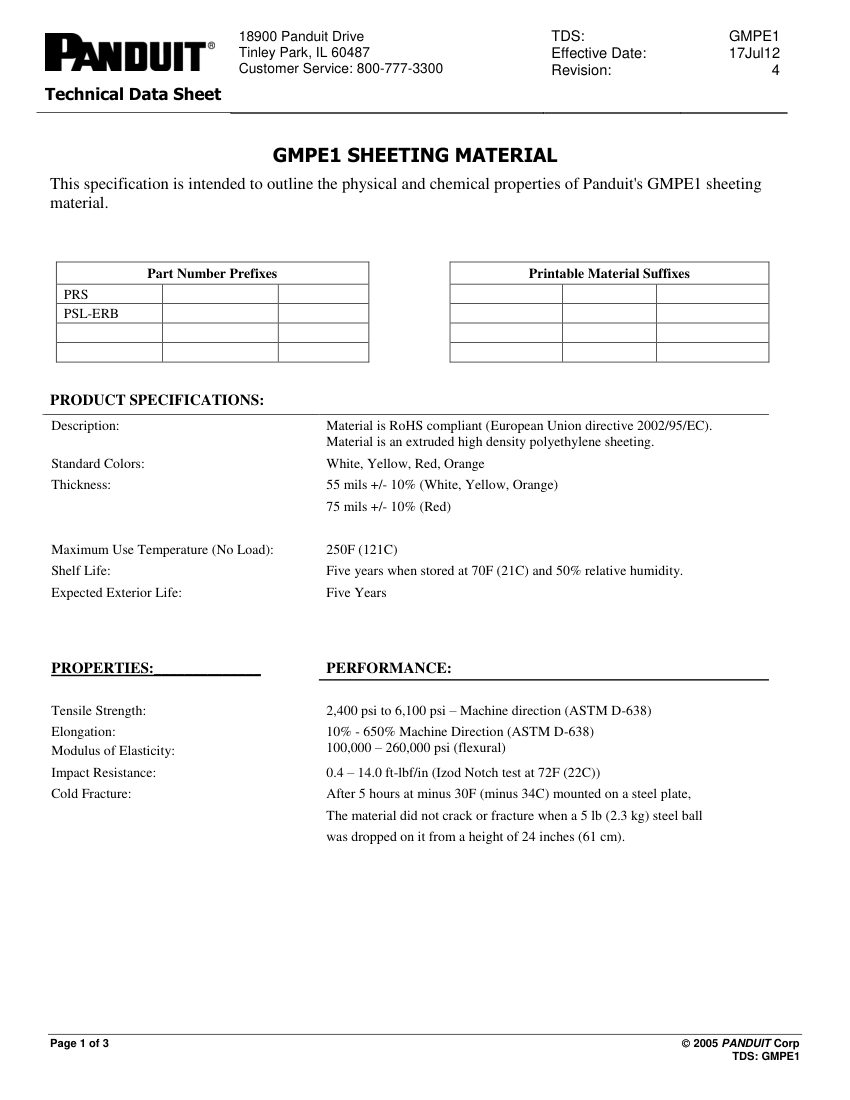 Panduit GMPE1 cut sheet — first page