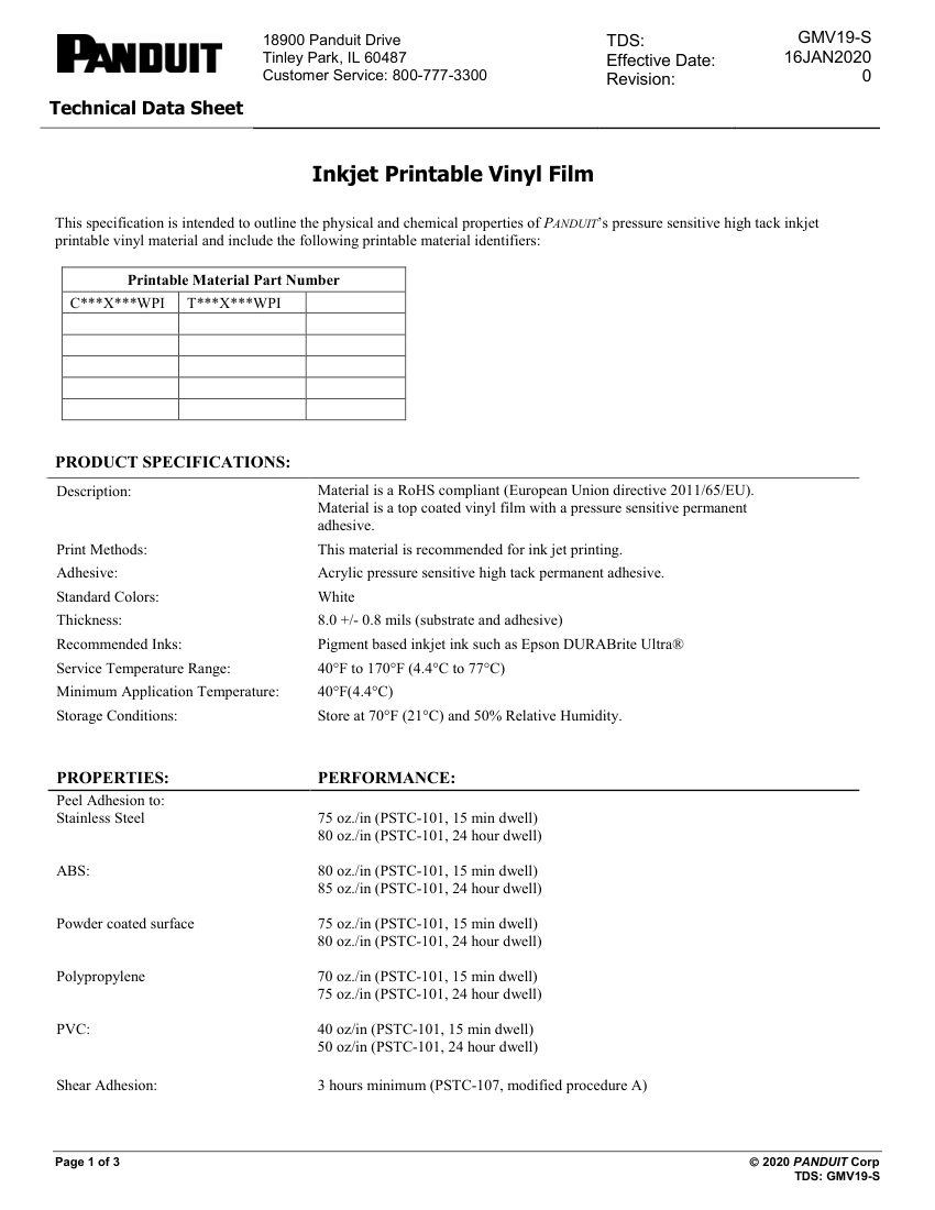 Panduit GMV19-S cut sheet — first page