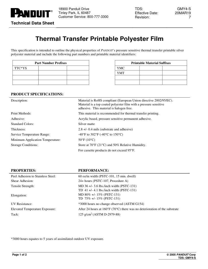 Panduit GMY4-S cut sheet — first page