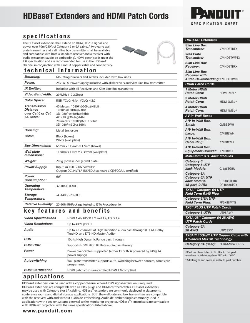 Panduit HDMI1MBLA cut sheet — first page