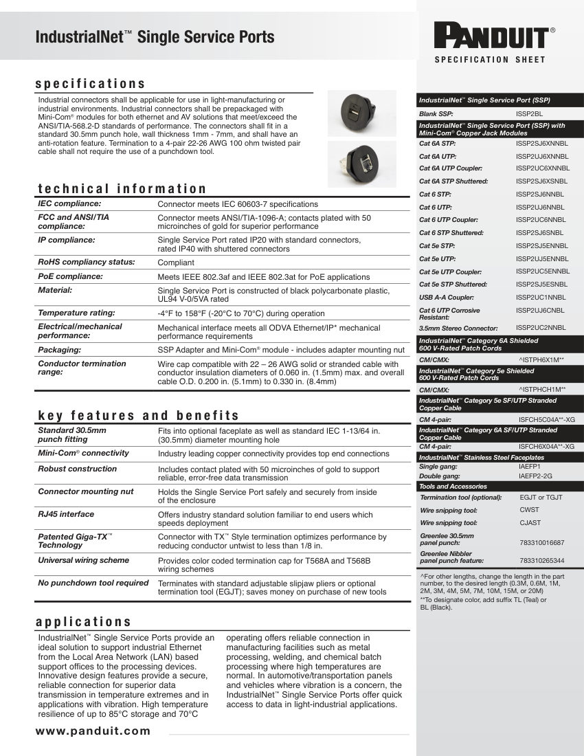 Panduit ISSP2 cut sheet — first page