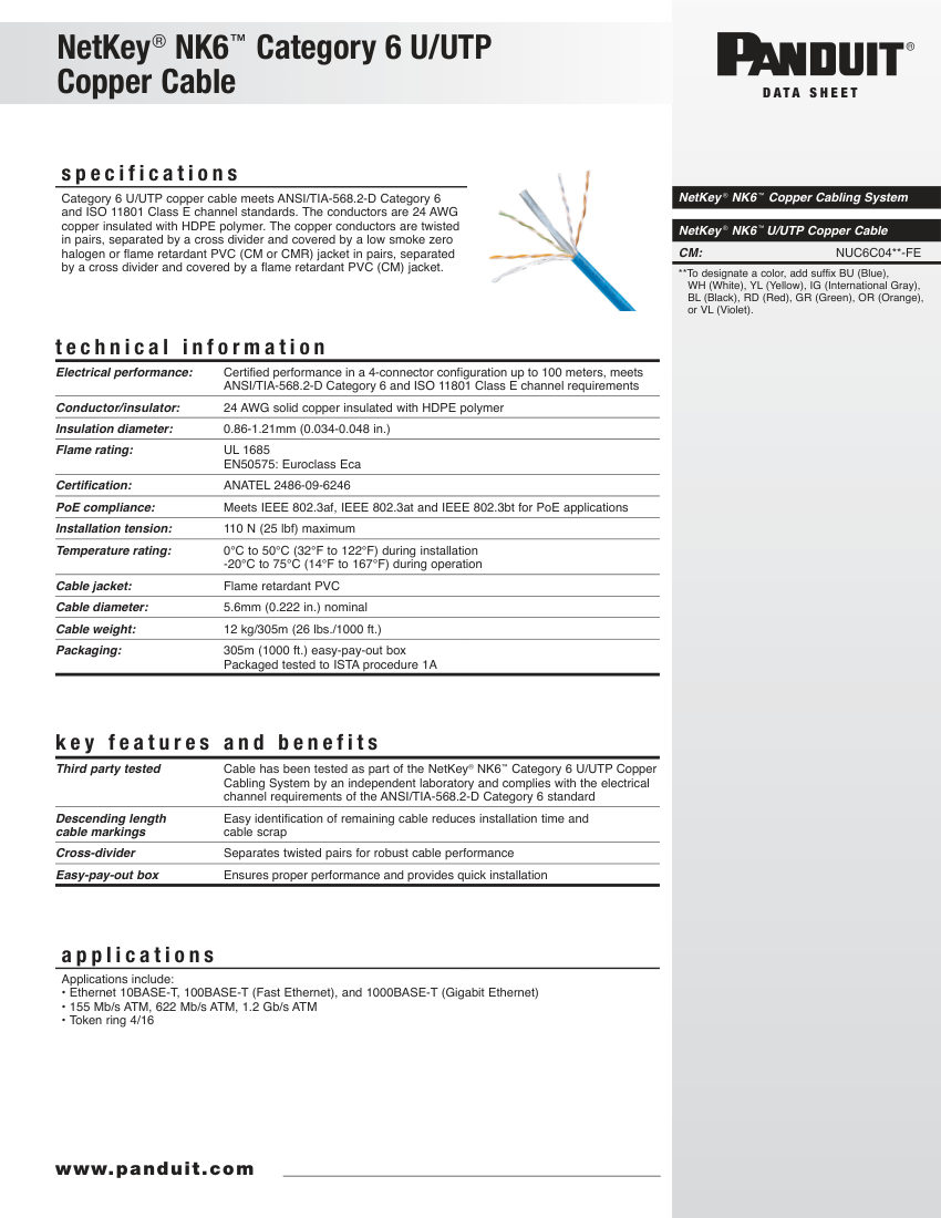 Panduit NK6 cut sheet — first page