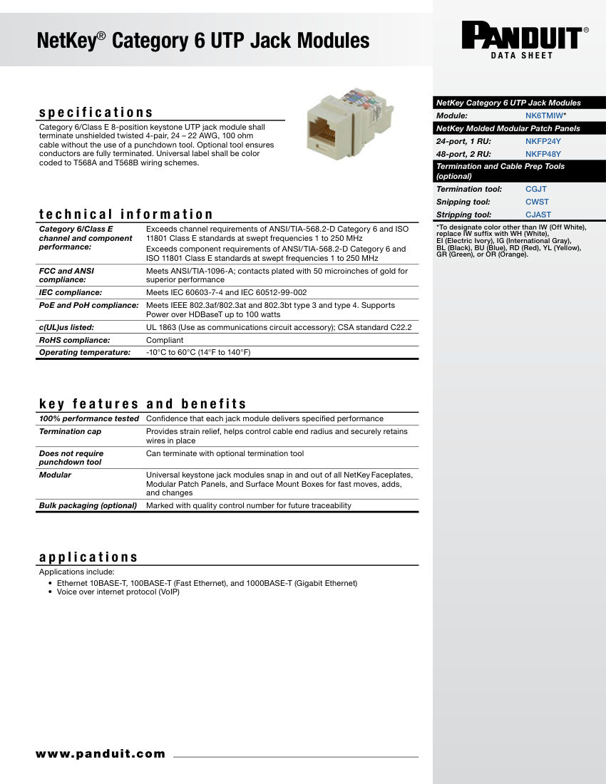 Panduit NK6TMIW cut sheet — first page