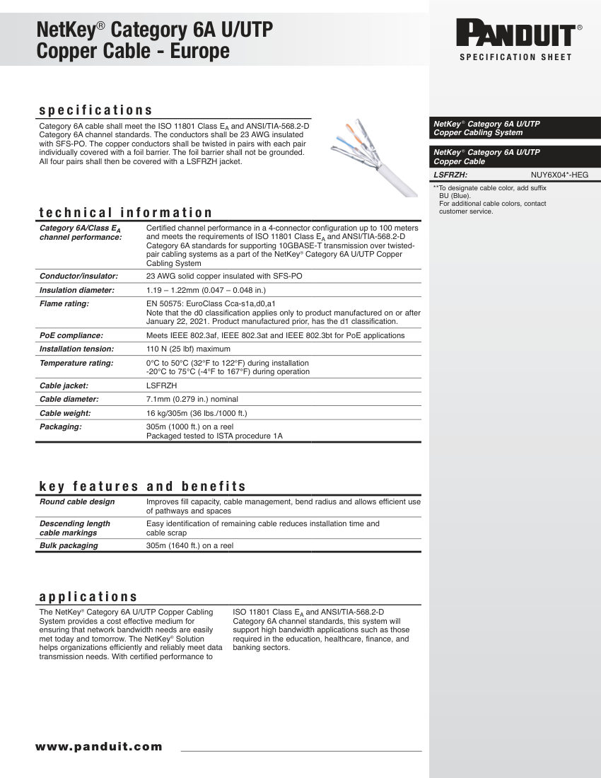 Panduit NKSP62--WW-ENG cut sheet — first page