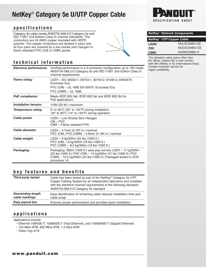 Panduit NUL5C04BU-CE cut sheet — first page