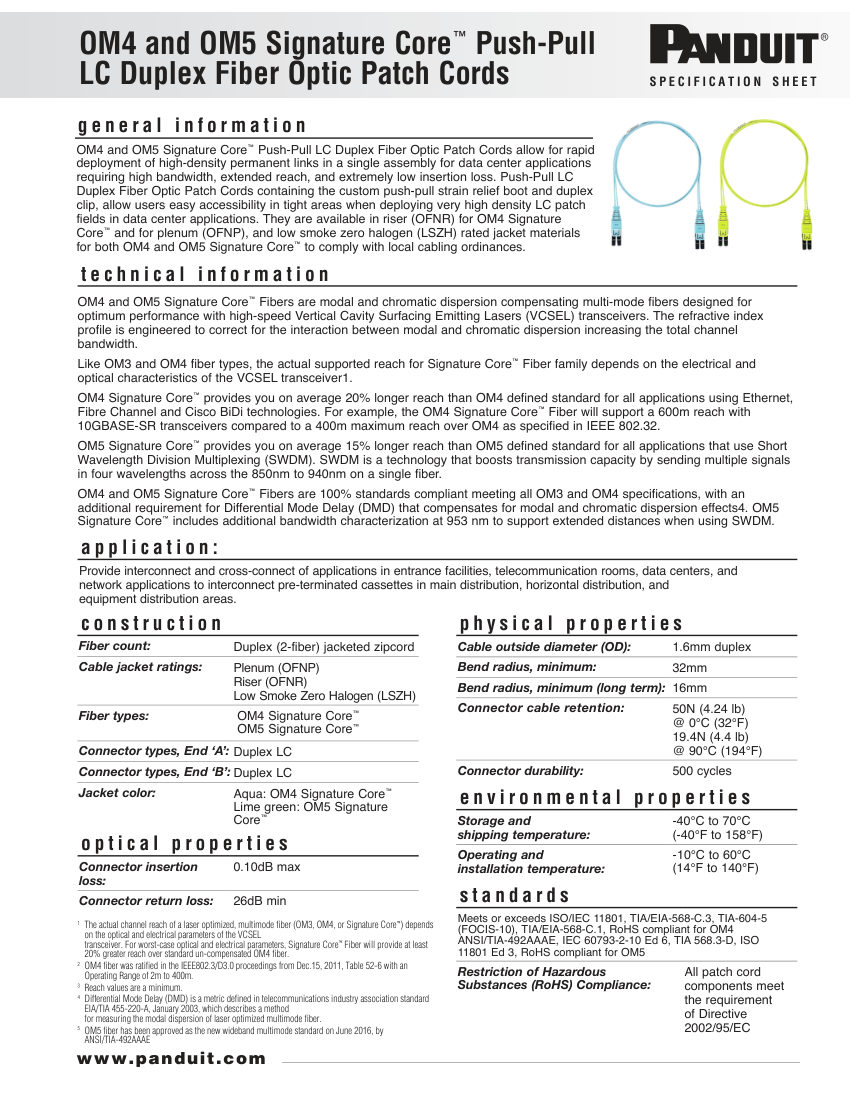 Panduit OM4 cut sheet — first page