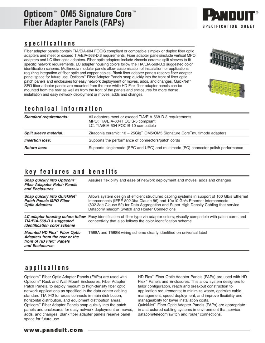 Panduit OM5 cut sheet — first page