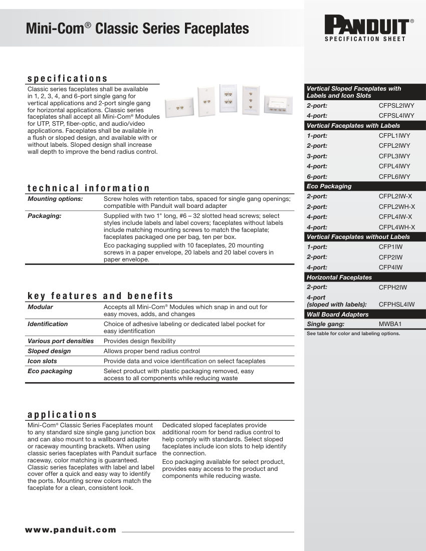 Panduit OTSP20-WW-ENG cut sheet — first page