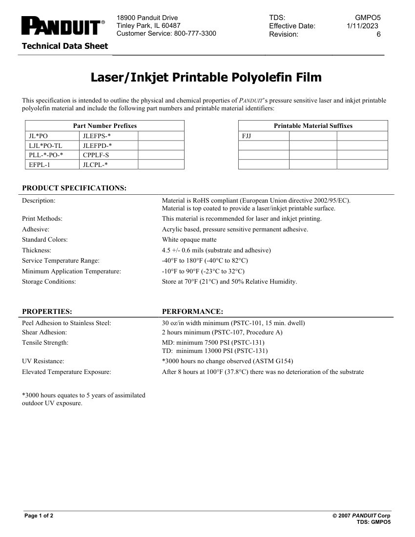 Panduit Panduit Laser/Inkjet Non-Laminated Label Technical Data Shee cut sheet — first page