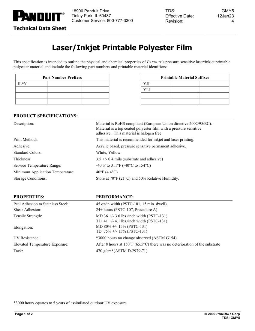Panduit Panduit Laser/Inkjet Printable Polyester Technical Data Shee cut sheet — first page