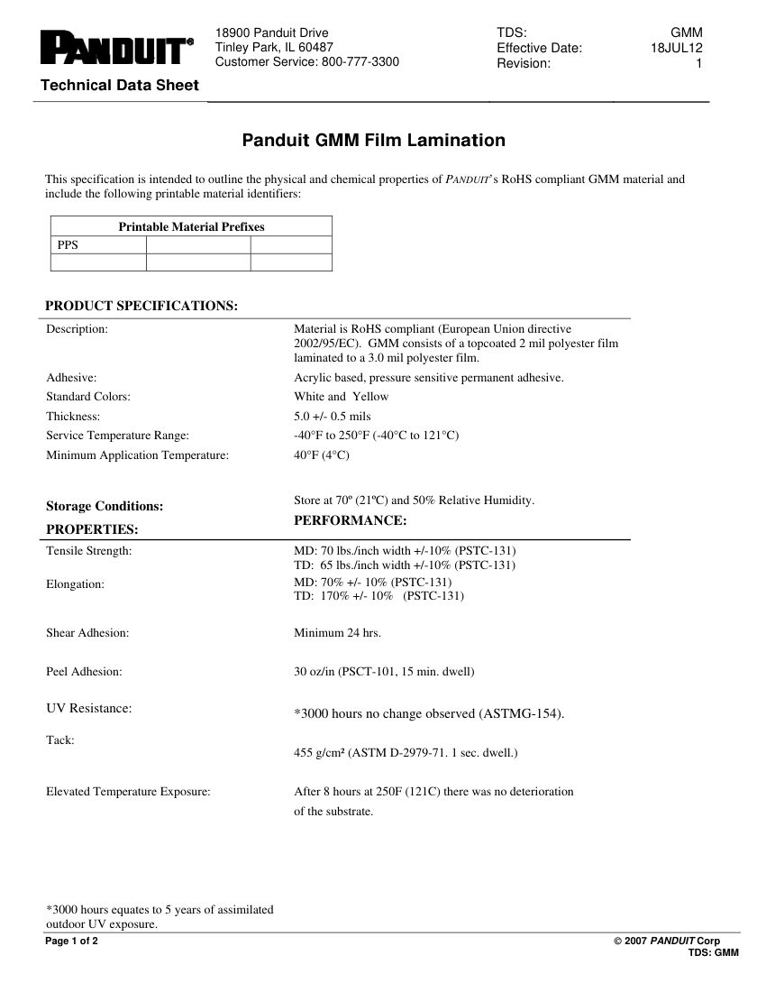 Panduit Panduit Panduit GMM Film Lamination cut sheet — first page