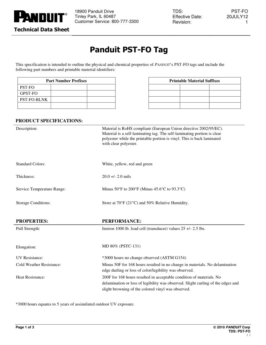 Panduit Panduit Panduit PST-FO Tag cut sheet — first page