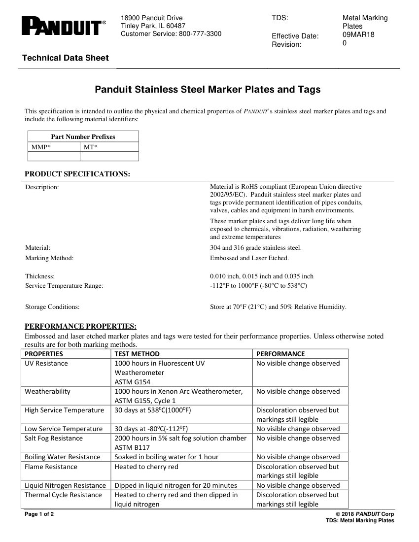 Panduit Panduit Panduit Stainless Steel Marker Plates and Tags cut sheet — first page