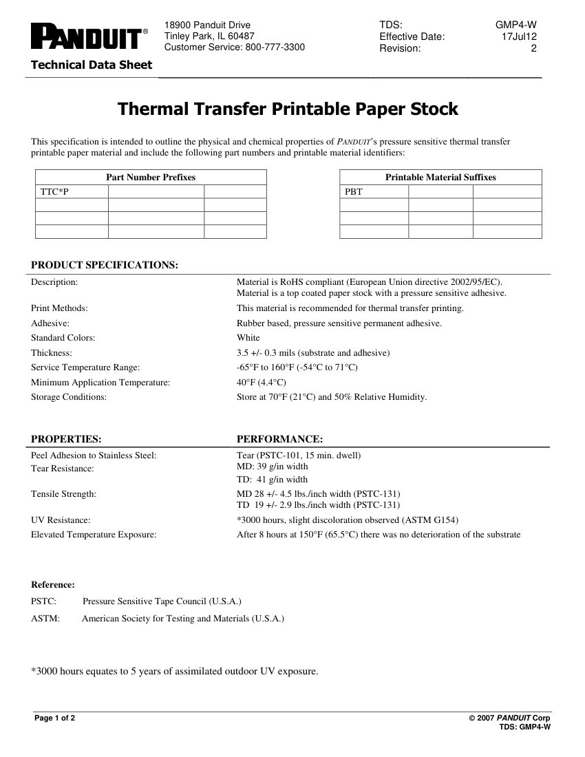 Panduit Panduit Paper Label Technical cut sheet — first page