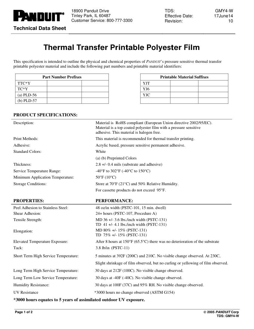 Panduit Panduit Polyester Technical cut sheet — first page