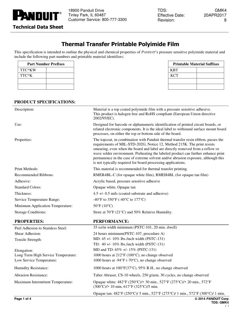 Panduit Panduit Polyimide Technical cut sheet — first page