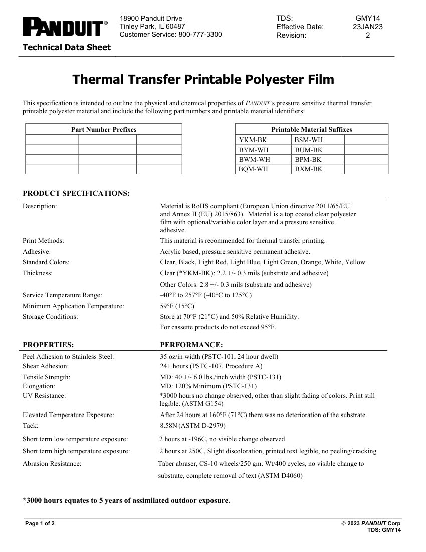 Panduit Panduit Thermal Transfer Printable Polyester Film - Technica cut sheet — first page