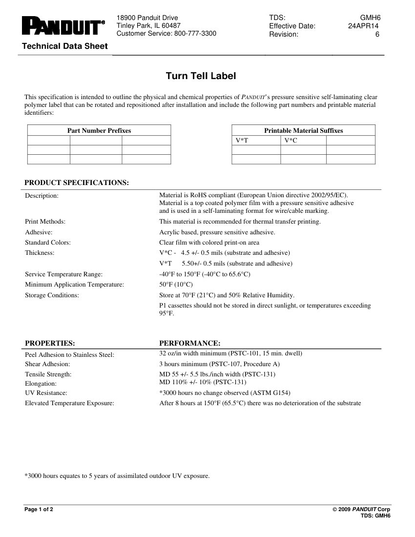 Panduit Panduit Turn-Tell Labels Technical cut sheet — first page