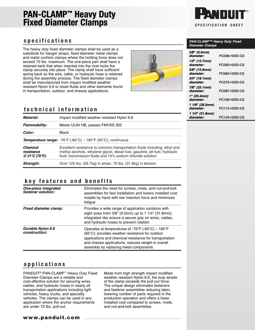 Panduit PC038-H25D-C0 cut sheet — first page