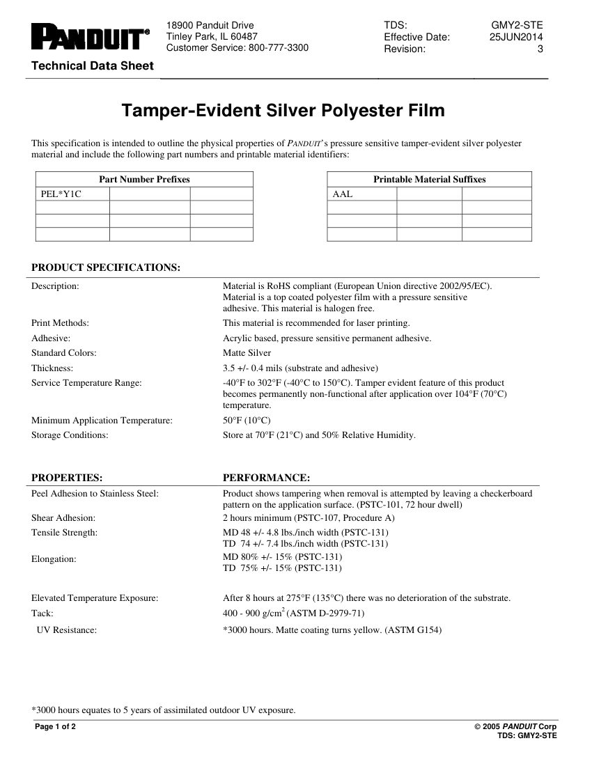 Panduit PEL*Y1C cut sheet — first page