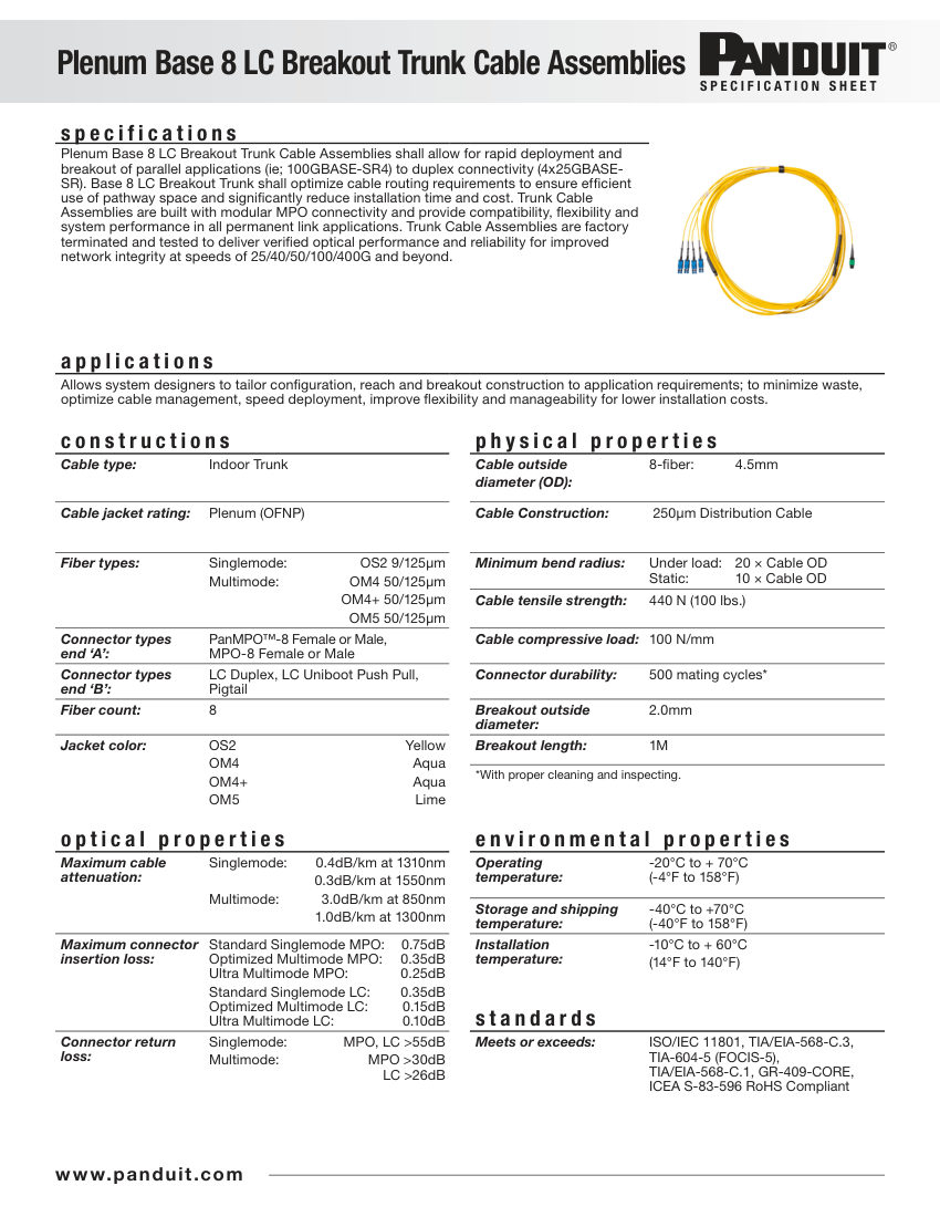 Panduit plenum-base8-lc-breakout-trunk-cable-assemblies-fbsp232 cut sheet — first page