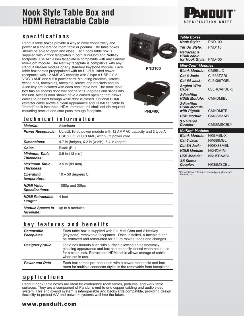 Panduit PND100 cut sheet — first page