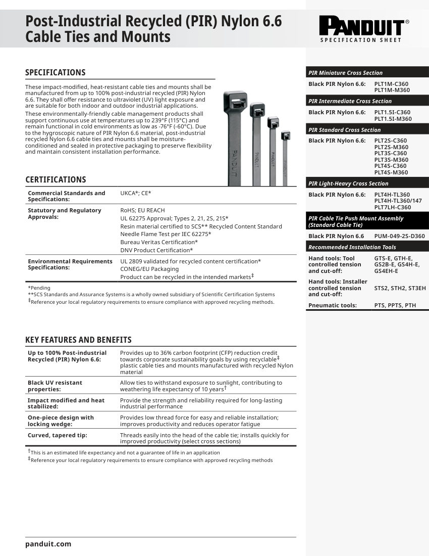 Panduit reclaim-cable-tie cut sheet — first page