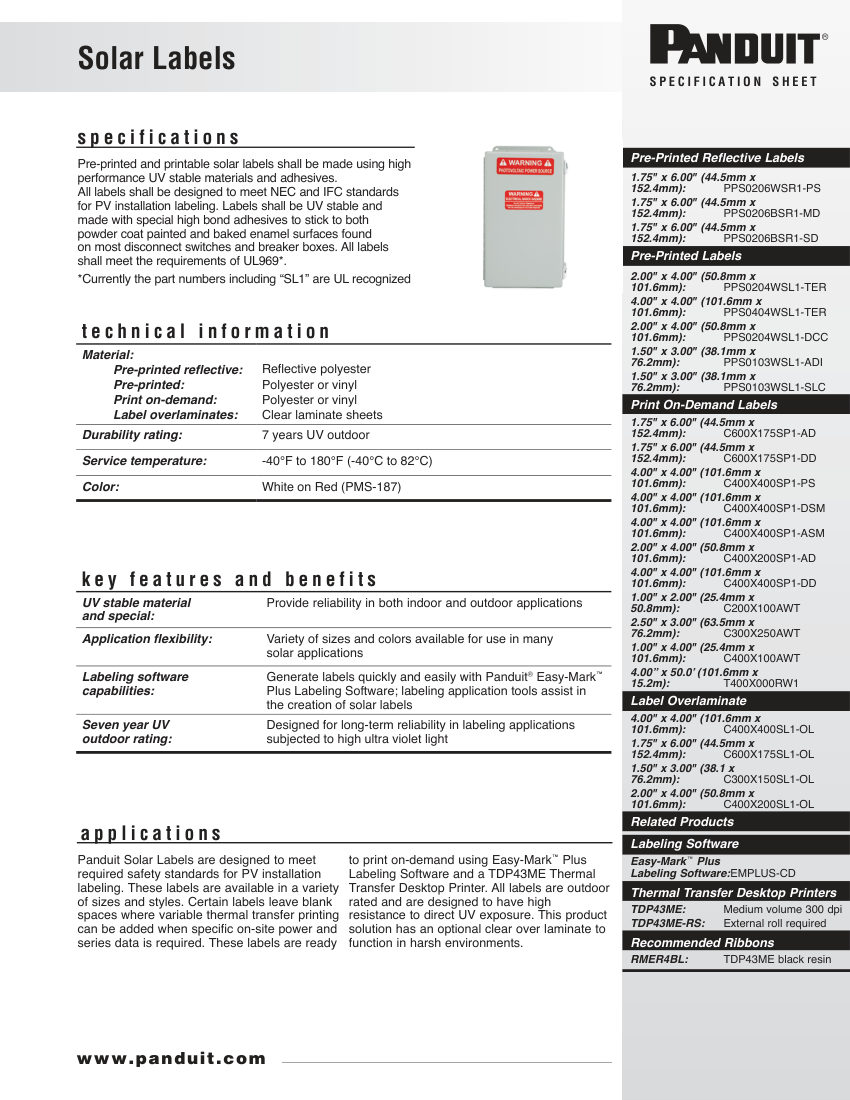 Panduit SFSP01--WW cut sheet — first page