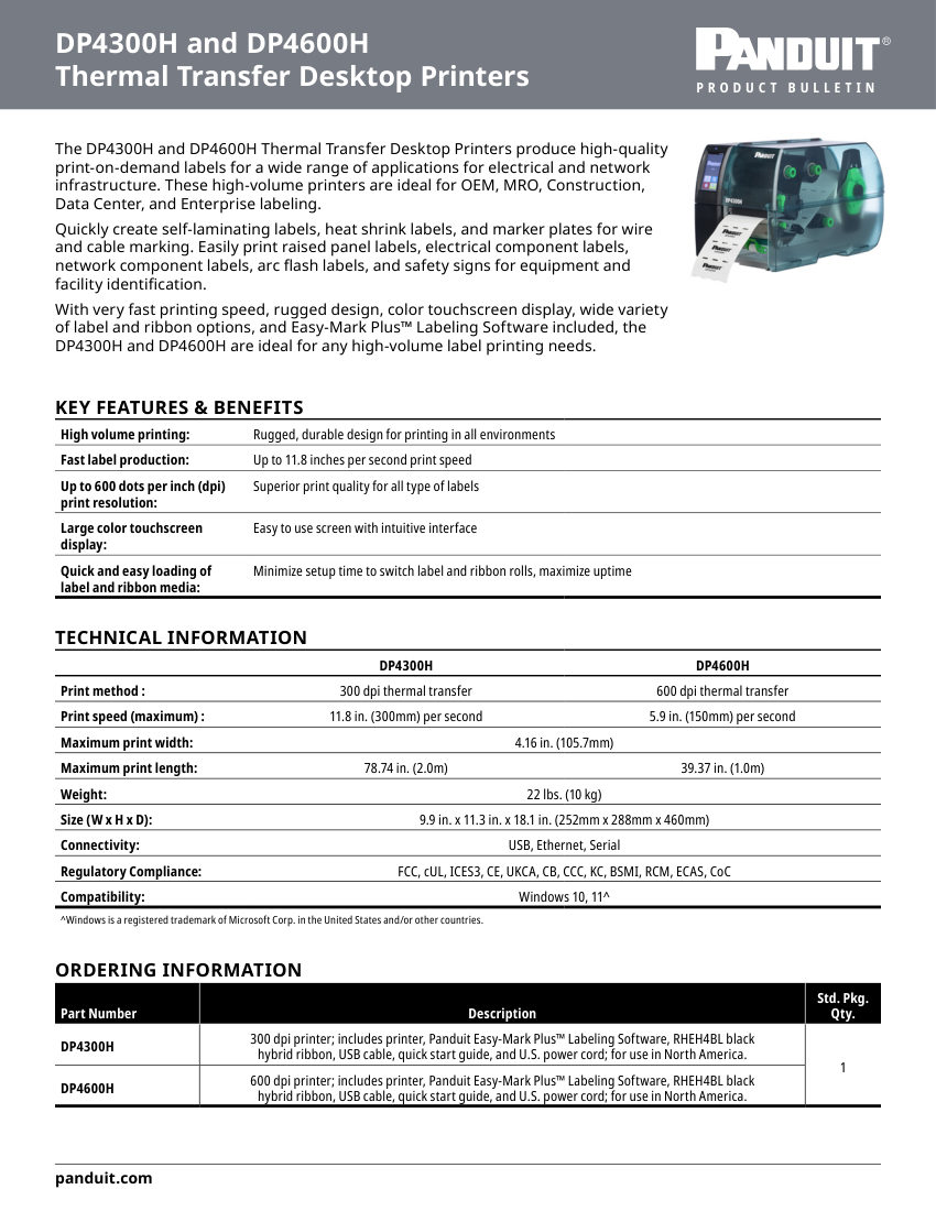 Panduit thermal-transfer-desktop-printers-product-bulletin-web-idcb9 cut sheet — first page