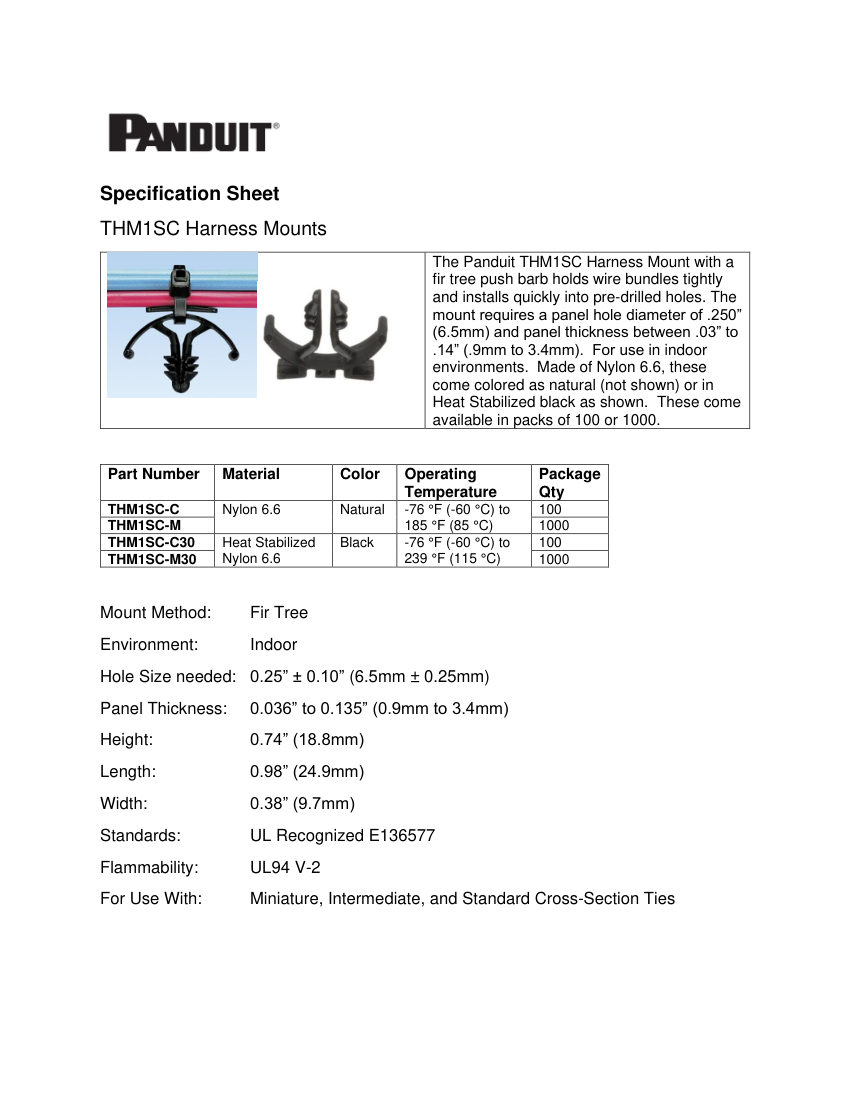 Panduit THM1SC cut sheet — first page
