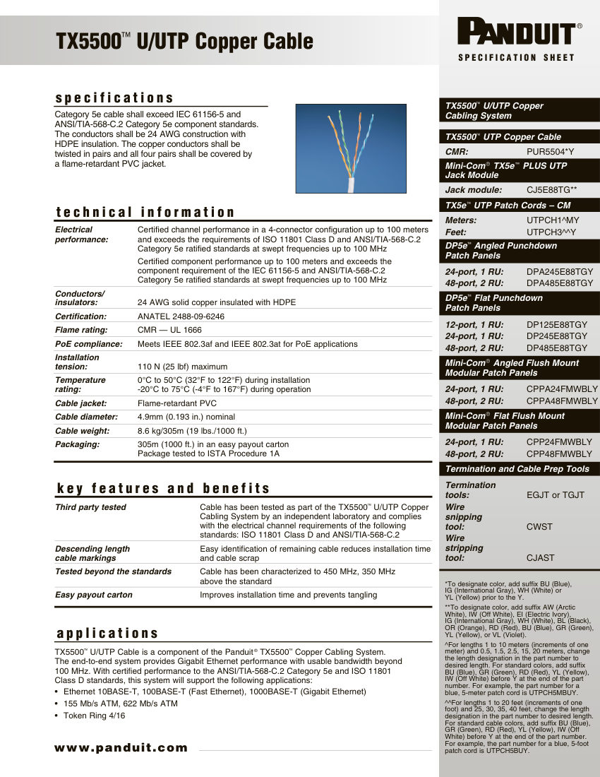 Panduit TX5500 cut sheet — first page