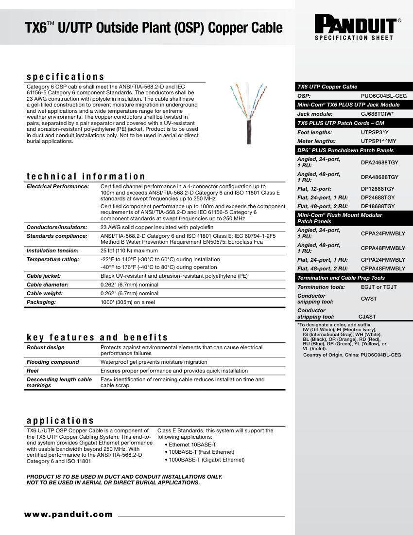 Panduit TX6 cut sheet — first page