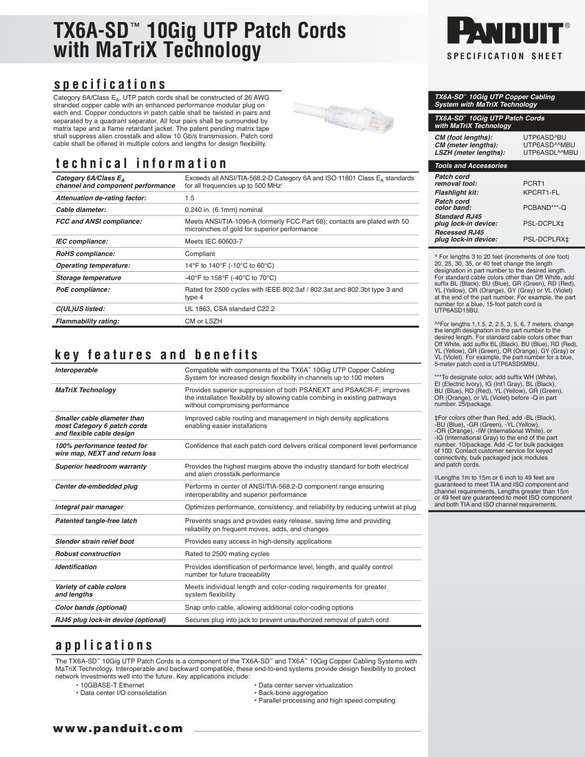 Panduit TX6A-SD cut sheet — first page