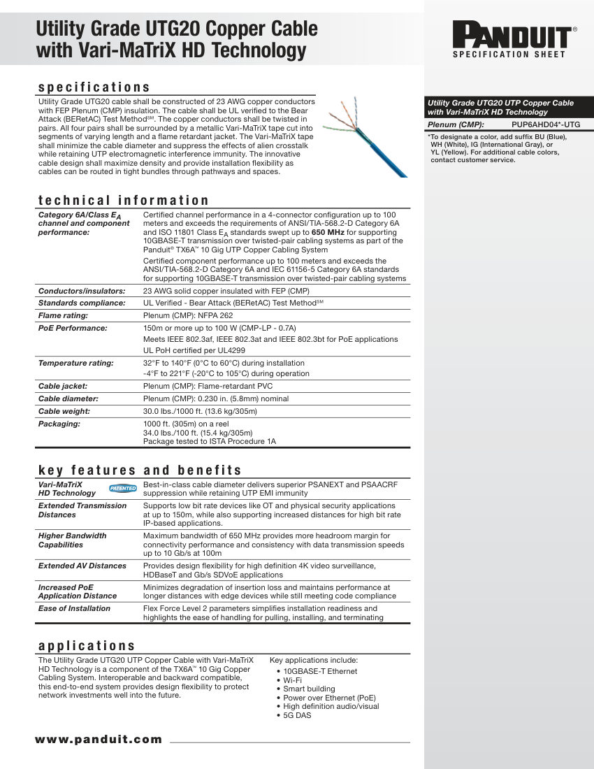 Panduit UTG20 cut sheet — first page