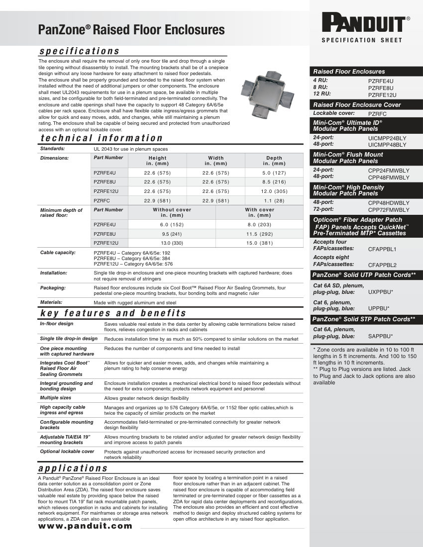 Panduit ZCSP08 cut sheet — first page