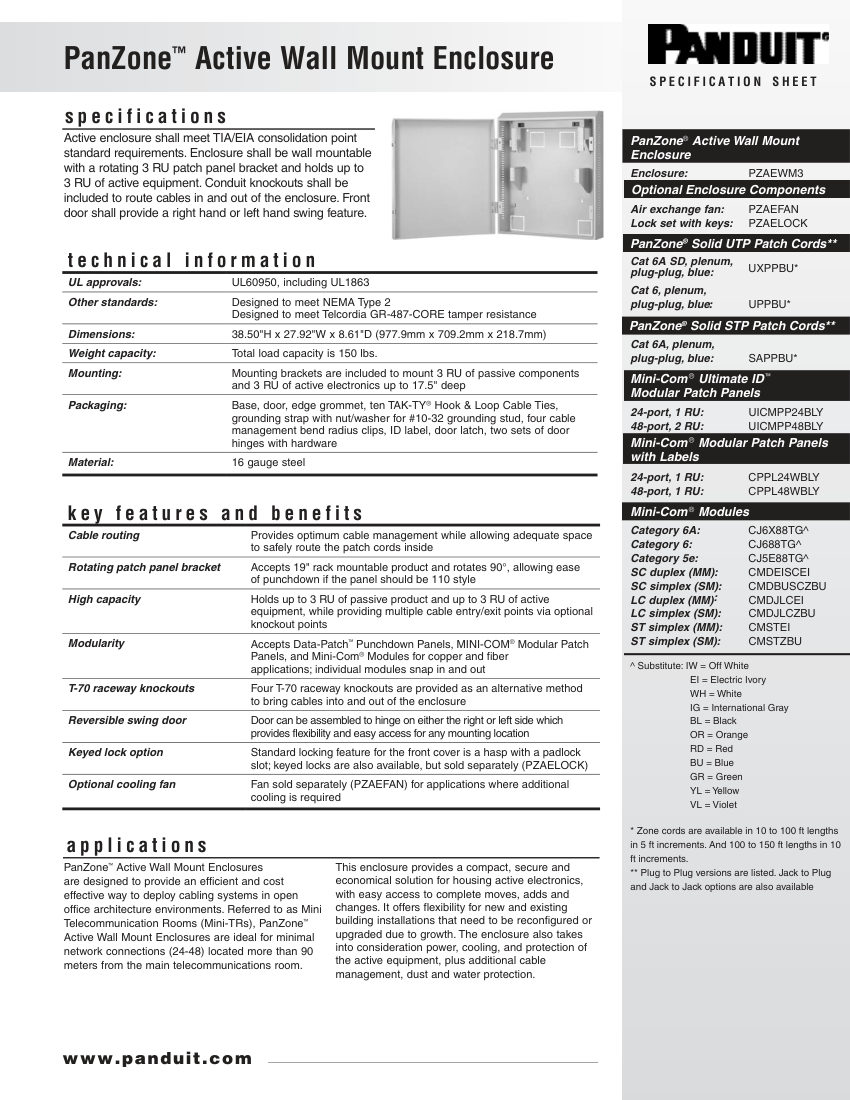 Panduit ZCSP27--WW-ENG cut sheet — first page