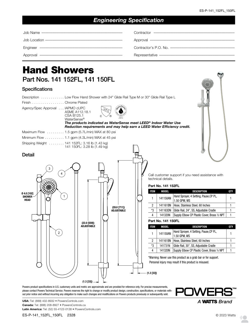 Powers 141 152FL cut sheet — first page